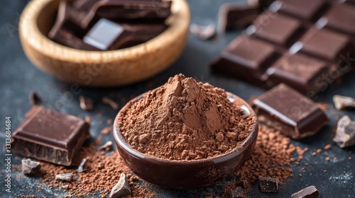 Bowl of powdered chocolate and cocoa mix for baking and creating delicious chocolate treats and desserts