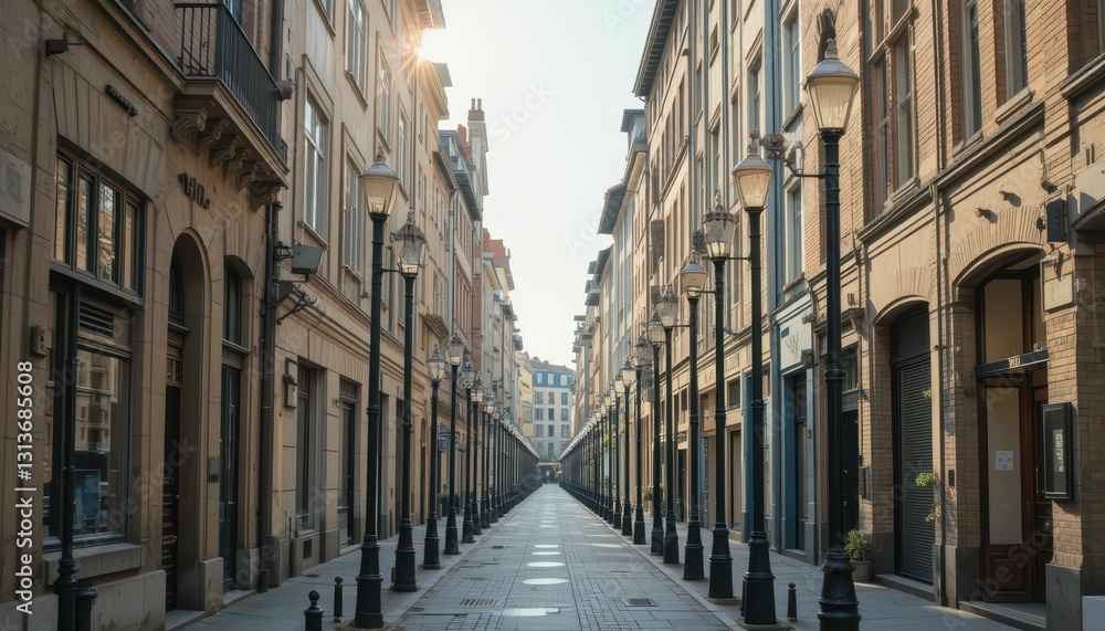 Serene Urban Alley with Classic Architecture and Street Lamps Serene Urban Alley with Classic Architecture and Street Lamps