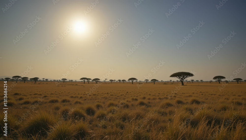 Serene African Landscape Under Bright Sunlight with Acacia Trees Serene African Landscape Under Bright Sunlight with Acacia Trees