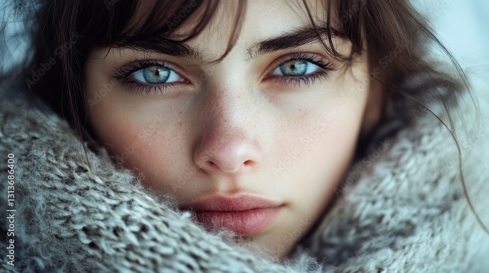 Close-up of young caucasian female with blue eyes and warm knitted scarf Close-up of young caucasian female with blue eyes and warm knitted scarf