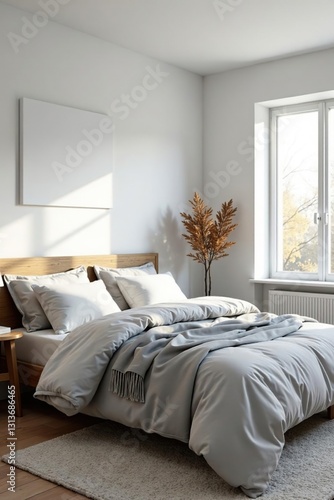 White walls  gray bedding  soft textures  cozy lighting  bedroom decor  gray  minimal
