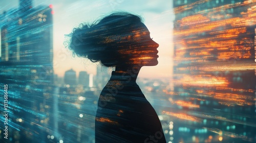 Silhouette of a woman against a city skyline with digital overlays, symbolizing innovation and future