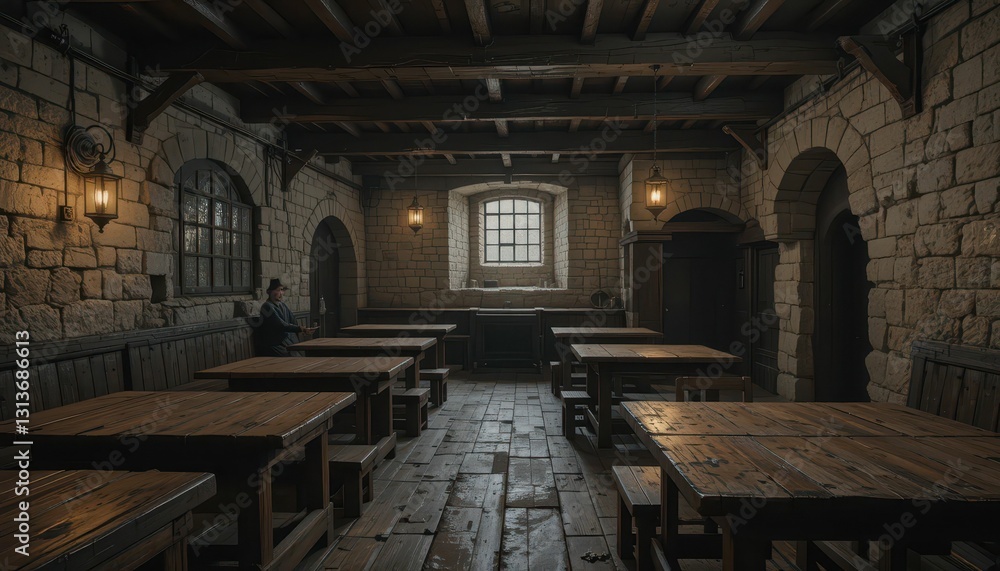 Rustic Interior of a Historic Stone Pub with Wooden Furniture Rustic Interior of a Historic Stone Pub with Wooden Furniture