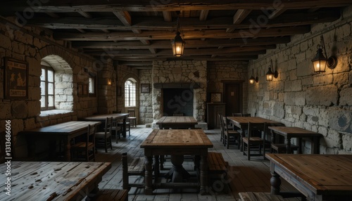Rustic stone interior of an old tavern with wooden tables and warm lights