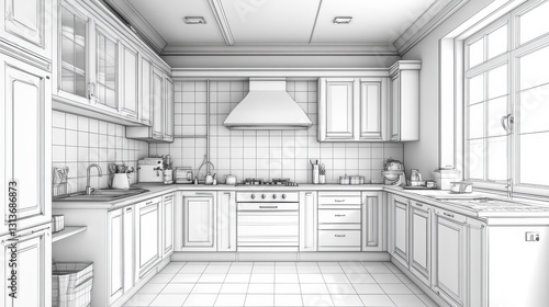 Monochrome architectural kitchen blueprint with cabinets and modern appliances