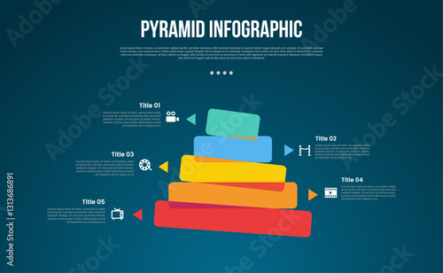 pyramid or funnel template infographic with round rectangle unbalance stacked with 5 point dark background style for slide presentation