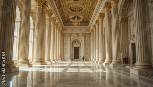 Grand Interior of Classical Building with Tall Columns and Light