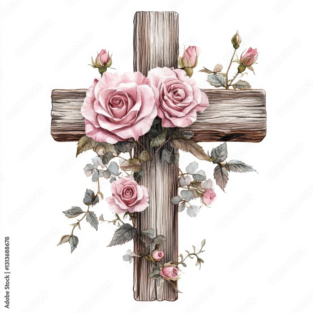 Φωτογραφία Watercolor wooden Christian cross with pink roses isolated on white background