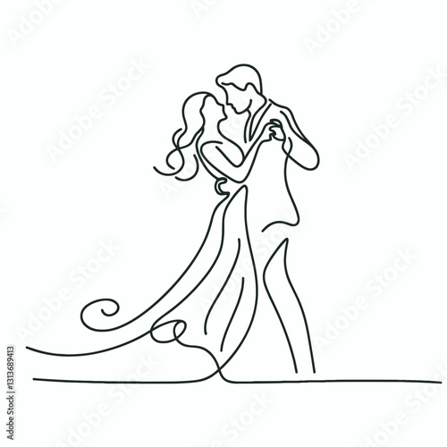Couple dancing intimately in elegant wedding attire against a minimalist background