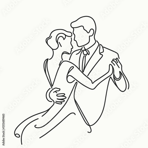 Couple dancing intimately in elegant attire, sharing a moment of connection against a minimalist background