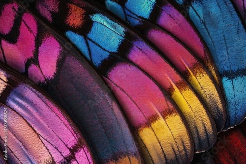 Vivid colors of butterfly wings against a light grey background