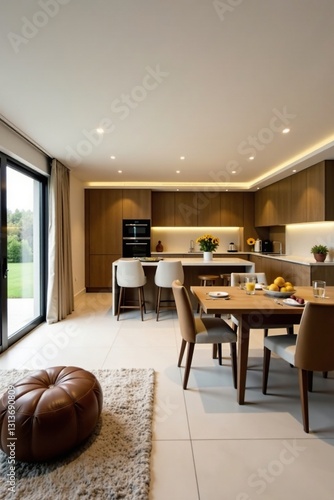 Spacious open plan living space  integrated kitchen  comfy dining setup  clean  spacious  minimal