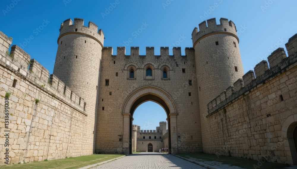 Majestic Stone Castle Entrance under Clear Blue Sky Majestic Stone Castle Entrance under Clear Blue Sky