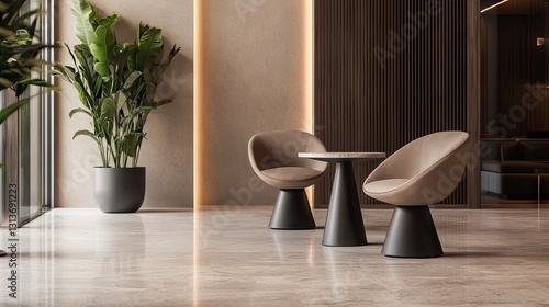 A modern office lounge with terrazzo side tables and warm earthy tones.