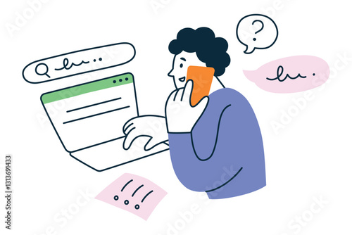 Vector illustration of man working on laptop, searching for information in internet while making phone call. Flat cartoon character, multitasking, research, and active work with a to-do list