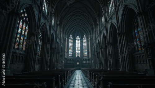 Majestic Gothic Cathedral Interior with Stained Glass Windows
