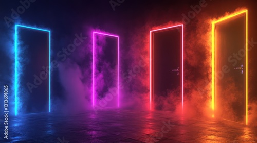 Glowing neon doors  smoky room  choices  mystery  concept art