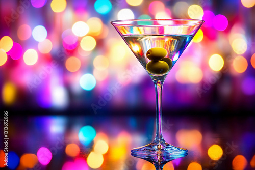 Vibrant martini glass with olives reflecting colorful lights in a lively setting