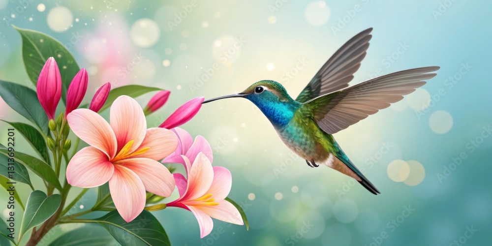 Fototapeta premium A delicate hummingbird hovering near a vibrant flower, sipping nectar