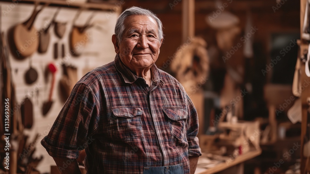 A portrait of an elderly Native American man standing proudly in his workshop, surrounded by traditional tools and crafts, reflecting his rich heritage and skills. A portrait of an elderly Native American man standing proudly in his workshop, surrounded by traditional tools and crafts, reflecting his rich heritage and skills.