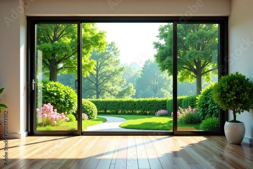 Spacious room  large window  lush garden view  healthy  healthcare  airy