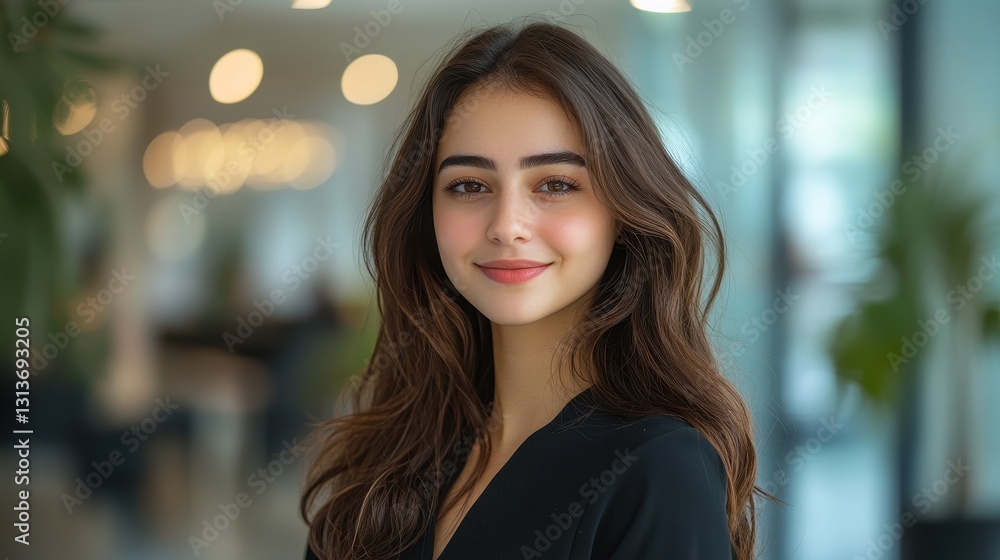Young hispanic female with long hair smiling indoors Young hispanic female with long hair smiling indoors