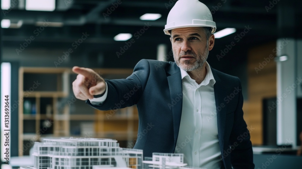 A confident architect discusses building plans with a model in hand. Collaboration and innovation fuel the design process. Creativity shapes our environments. Generative AI A confident architect discusses building plans with a model in hand. Collaboration and innovation fuel the design process. Creativity shapes our environments. Generative AI
