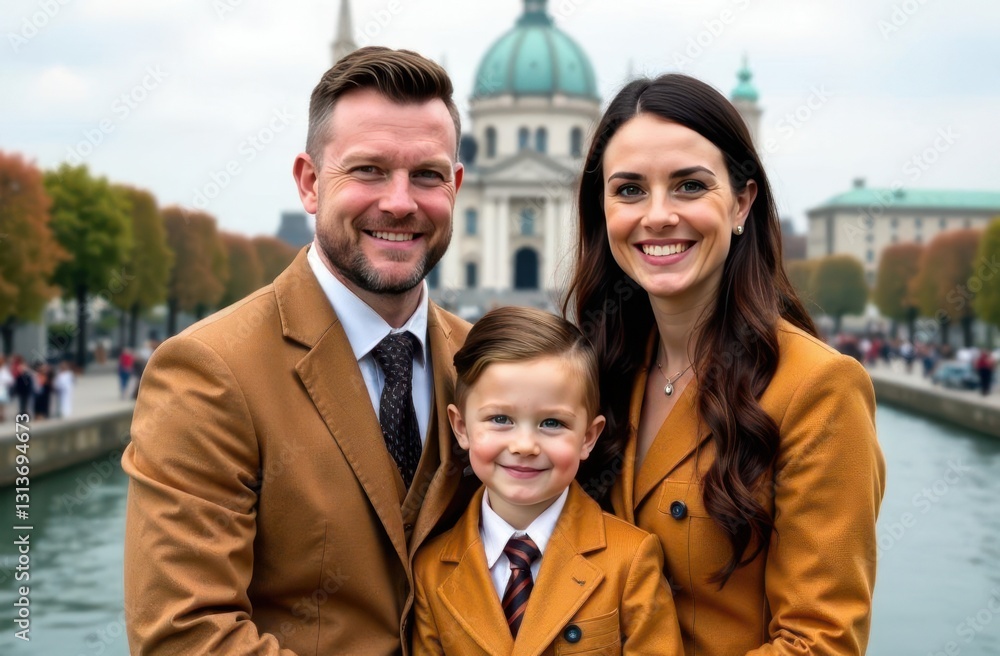 Family portrait by the river with historic architecture in the background Family portrait by the river with historic architecture in the background