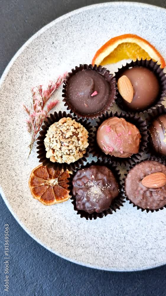 Homemade chocolate candies with different fillings and sprinkles on a dark concrete background Homemade chocolate candies with different fillings and sprinkles on a dark concrete background
