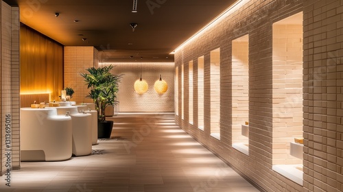 A stylish hallway with stacked brick-style subway tiles and warm lighting.