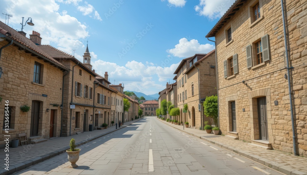 Serene Village Street with Stone Buildings under Blue Sky Serene Village Street with Stone Buildings under Blue Sky