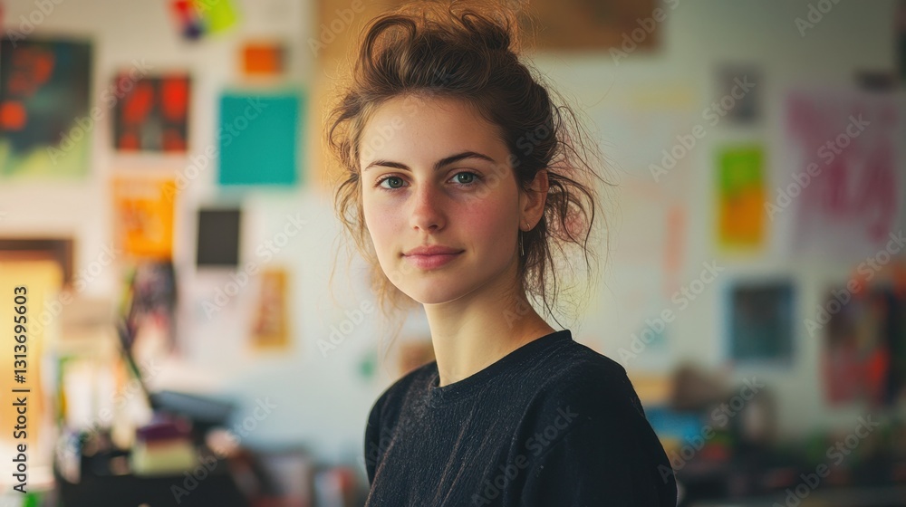 Portrait of a young European female graphic designer in a creative workspace, showcasing her artistic talent and confidence with natural light and a colorful background. Portrait of a young European female graphic designer in a creative workspace, showcasing her artistic talent and confidence with natural light and a colorful background.