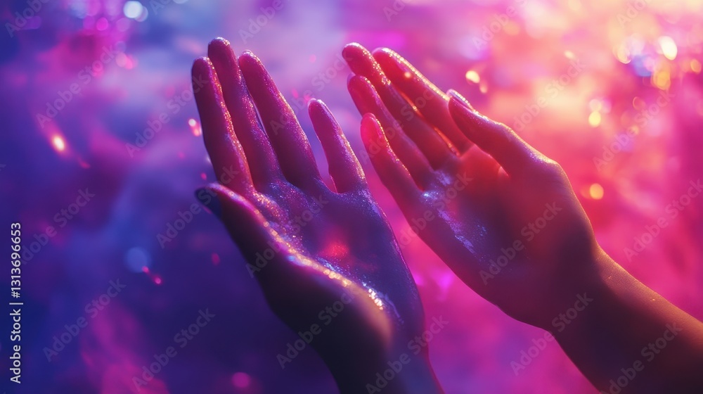 Close-up of hands with sparkling neon colors under vibrant lighting Close-up of hands with sparkling neon colors under vibrant lighting