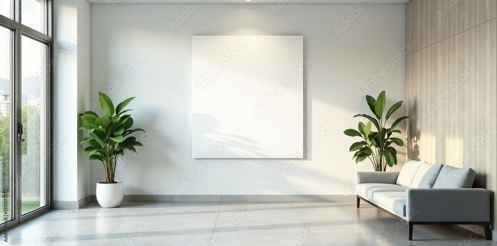 Clean white poster in contemporary hospital waiting area, illustration, lobby Clean white poster in contemporary hospital waiting area, illustration, lobby