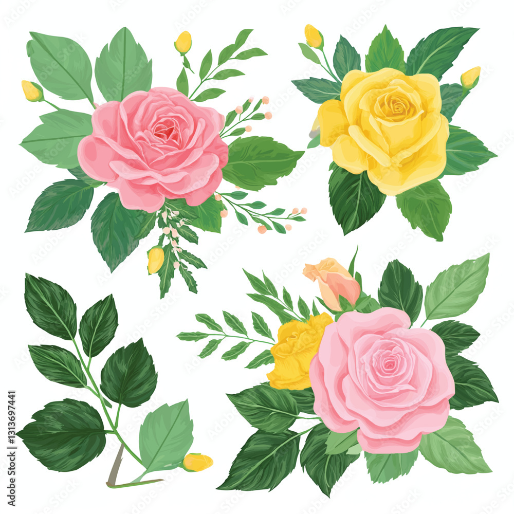 Firefly Set of floral branch. Flower pink, yellow rose, green leaves. Botanical, wildflowers Firefly Set of floral branch. Flower pink, yellow rose, green leaves. Botanical, wildflowers