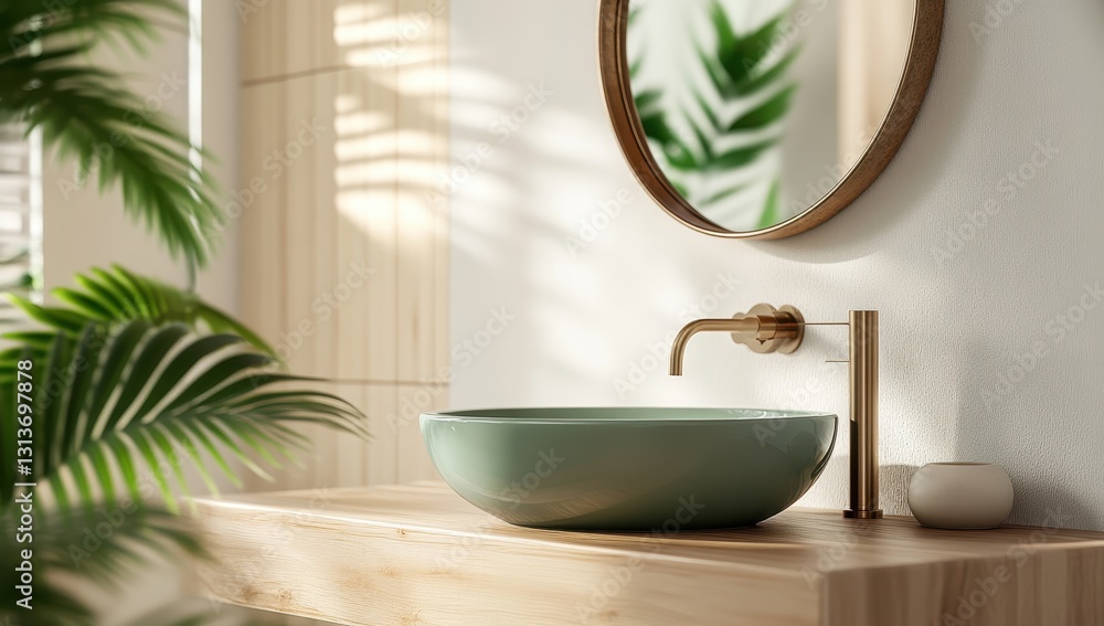 Fototapeta premium Serene Bathroom Setting with Elegant Green Basin and Stylish Gold Faucet in a Bright, Modern Space Surrounded by Lush Greenery and Natural Light