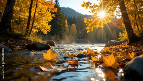 Sunlit aspen leaf drifts on Yellowstone's current , current, sunlight, golden