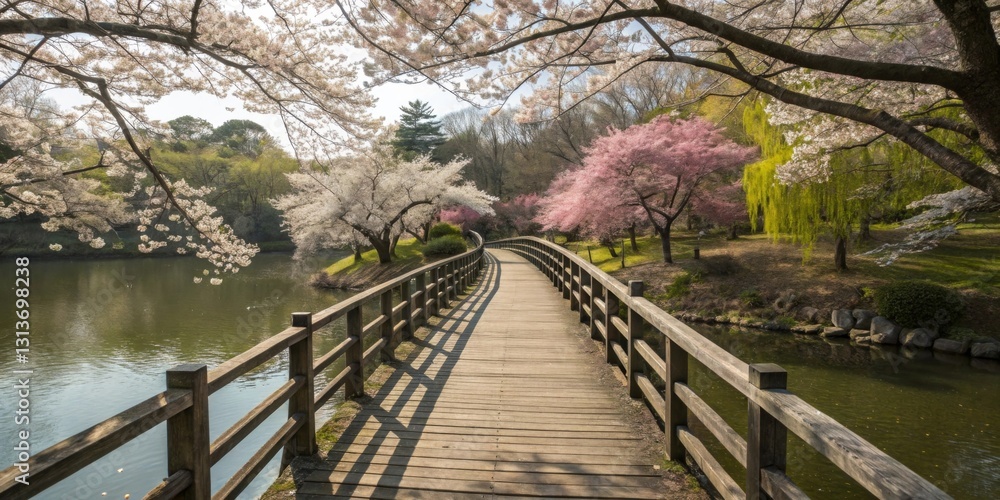 Fototapeta premium A picturesque wooden bridge over a calm river, surrounded by blooming spring trees