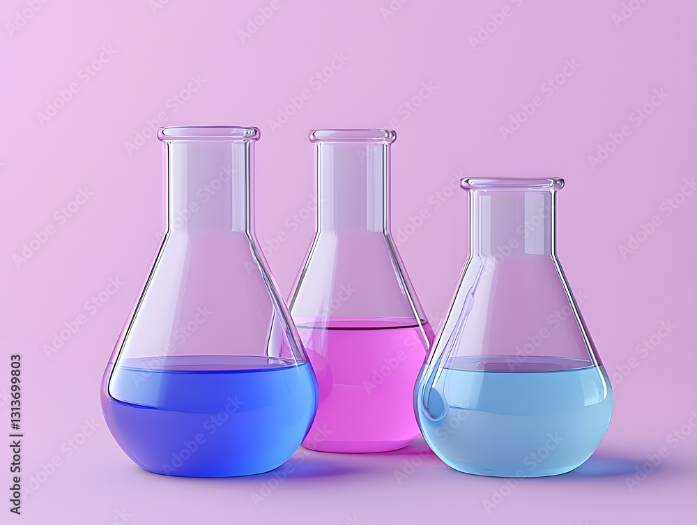 Three realistic laboratory beakers on a clean surface with copy space for testing and scientific research purposes Three realistic laboratory beakers on a clean surface with copy space for testing and scientific research purposes