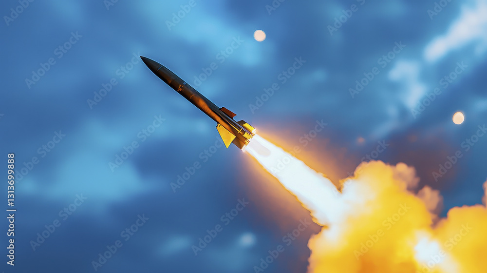 Obraz premium Dramatic missile launch with fiery exhaust against cloudy sky