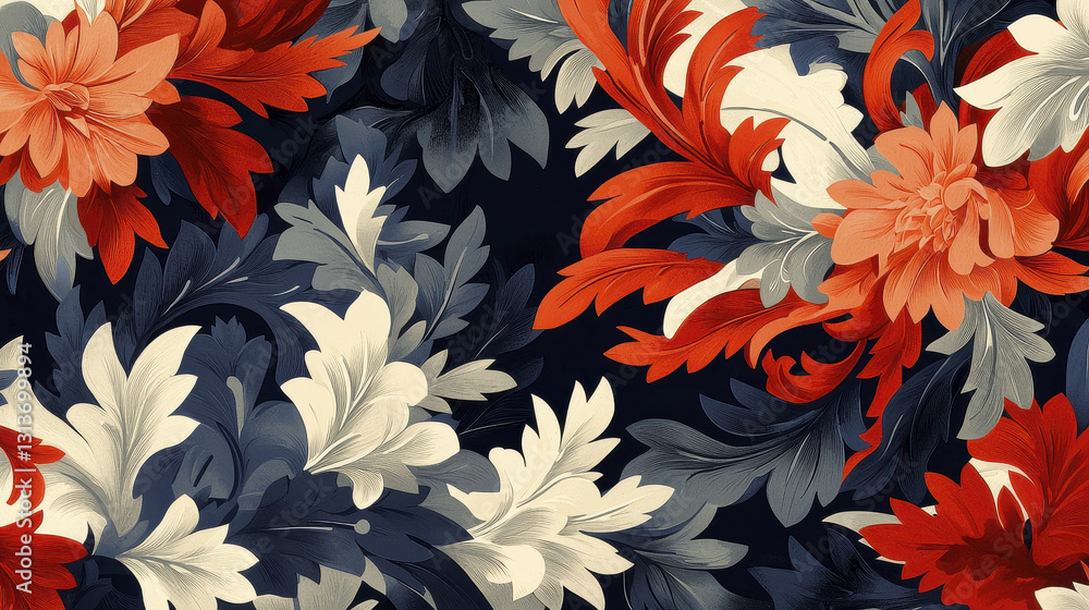 Dramatic Art Nouveau floral pattern with vibrant red, white, and blue hues Dramatic Art Nouveau floral pattern with vibrant red, white, and blue hues