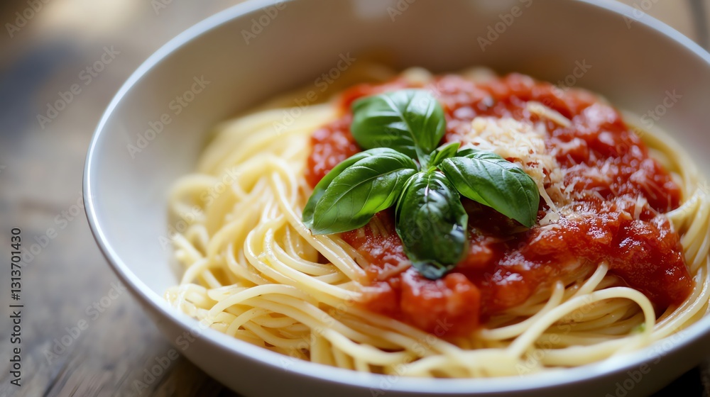 A bowl of spaghetti with marinara sauce and fresh basil A bowl of spaghetti with marinara sauce and fresh basil