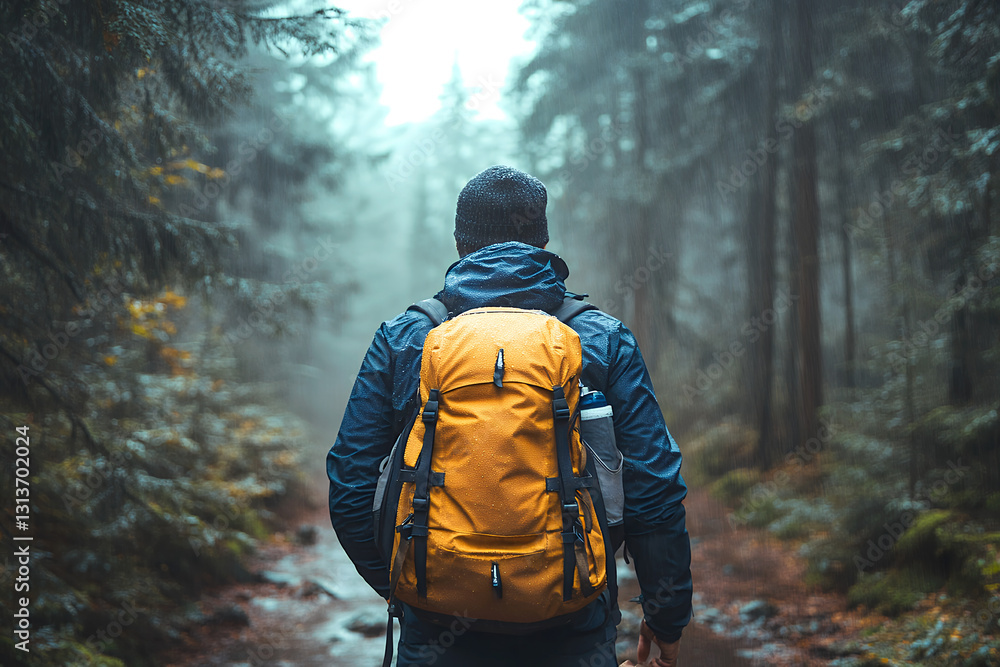 Man in raincoat and boots walks through rainy forest Man in raincoat and boots walks through rainy forest