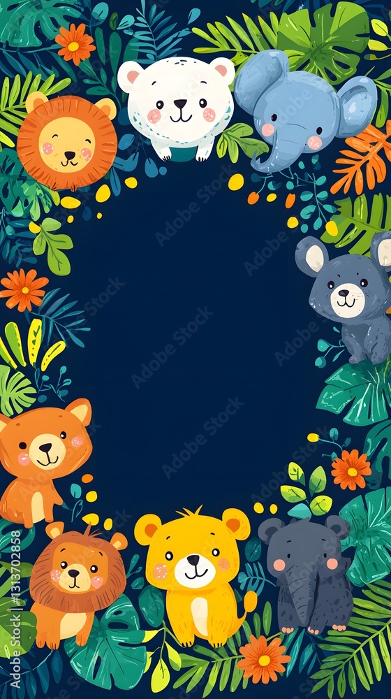 Naklejka premium Playful animals surrounded by colorful leaves in a natural setting with ample copy space for creative design and illustration