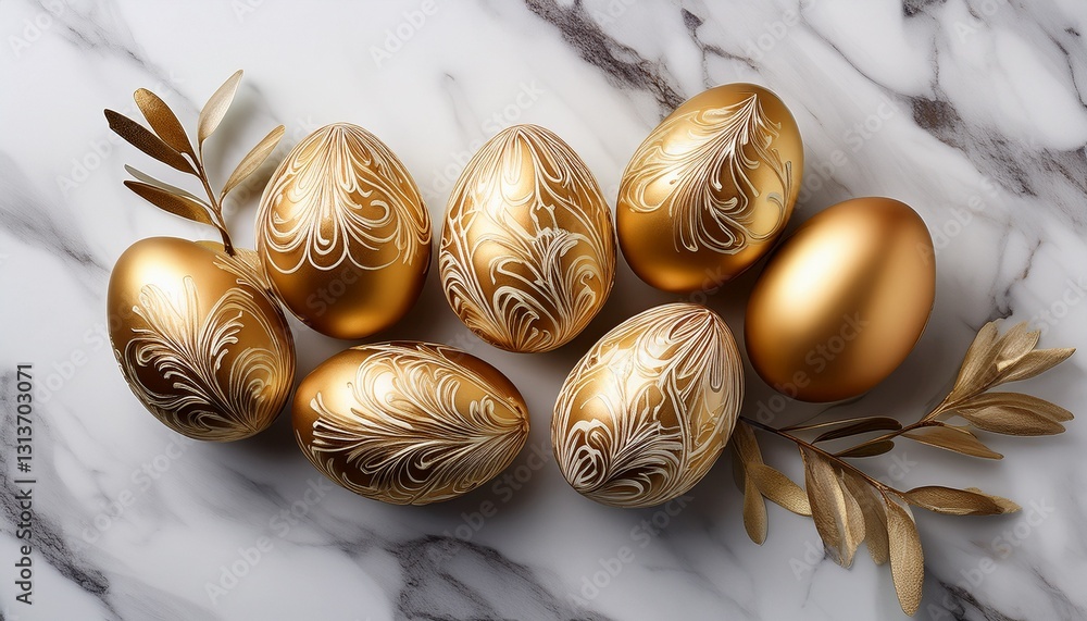 Obraz premium Luxurious Easter gold ornaments on marble. Elegant composition of golden eggs on white background. Festive spring decoration