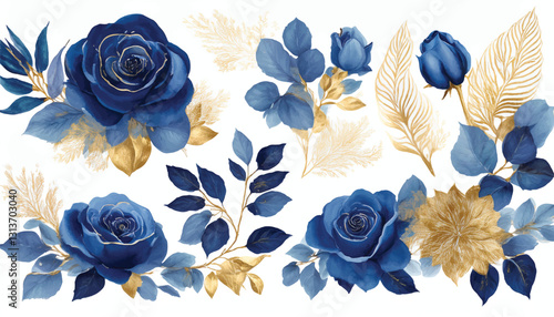Firefly Set watercolor design elements of roses collection garden navy blue flowers, leaves, gold