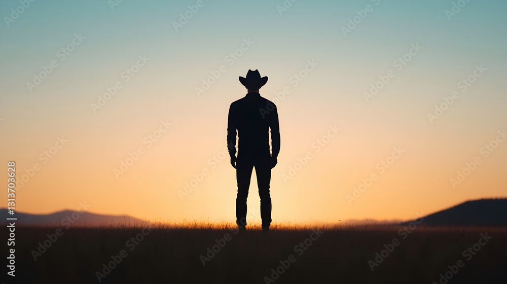 Cowboy Silhouette at Sunset in Open Field with Vibrant Sky Colors Cowboy Silhouette at Sunset in Open Field with Vibrant Sky Colors