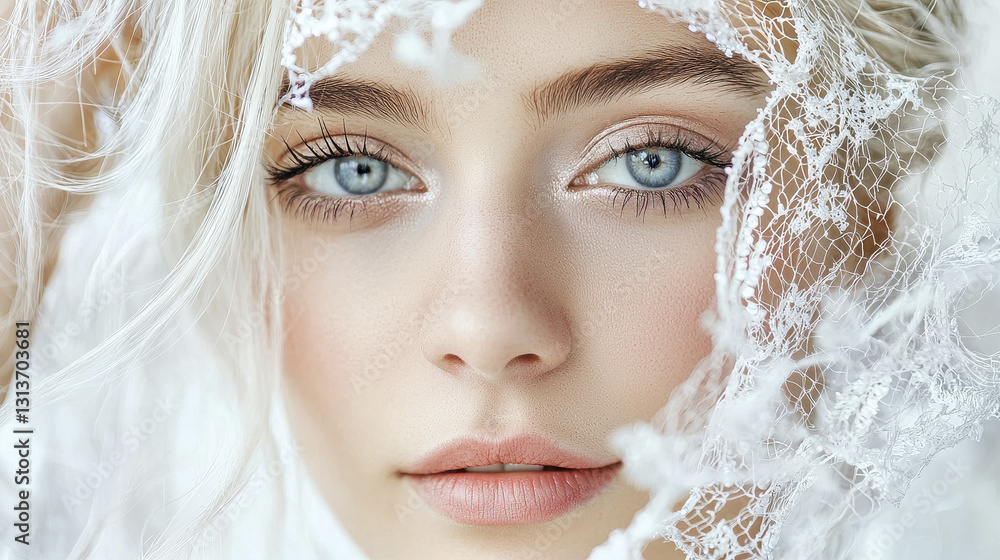 Ethereal beauty of graceful woman with striking blue eyes and delicate lace Ethereal beauty of graceful woman with striking blue eyes and delicate lace