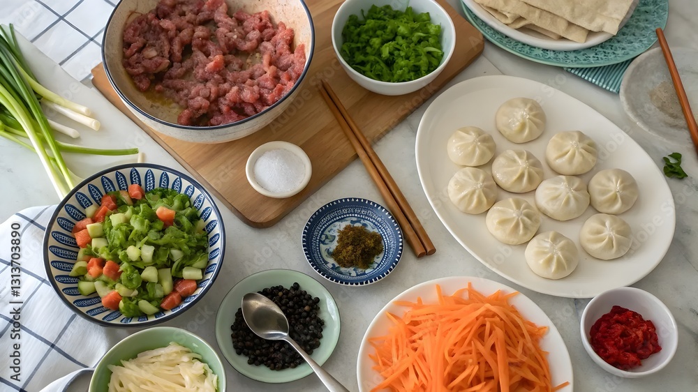 A colorful spread of dumplings, fresh vegetables, and various ingredients arranged appetizingly on a table A colorful spread of dumplings, fresh vegetables, and various ingredients arranged appetizingly on a table