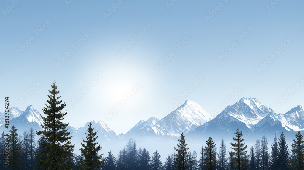 serene mountain landscape with snow capped peaks and evergreen trees, evoking sense of tranquility and adventure serene mountain landscape with snow capped peaks and evergreen trees, evoking sense of tranquility and adventure